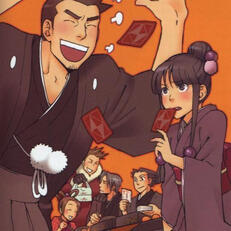 Official artwork of Maya Fey and Dick Gumshoe celebrating HatsumΕde. Gumshoe smiles widely at Maya, who looks up to him with concern. Cards fly between them, with Maya holding one up to her mouth. Behind them are Larry, Pearl, Edgeworth and Phoenix.
