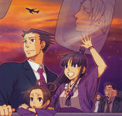 Official art of Phoenix, Maya, and Pearl waving off Edgeworth's plane. Behind them are Gumshoe and Larry, who are crying. Superimposed in the the top right corner of the image is Edgeworth looking forlornly out of an aeroplane window.