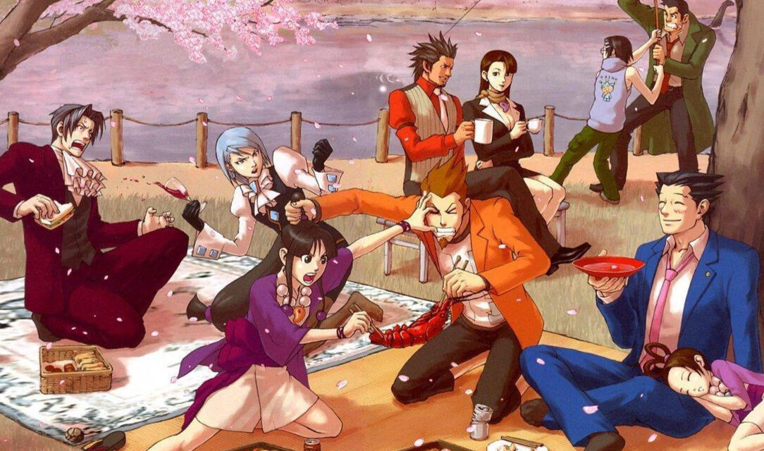 Art of the Trilogy characters having a picnic. Maya and Larry fight over a lobster meal. They knock into Franziska, who spills her wine onto Edgeworth. Phoenix sits happily to the side, with Pearl asleep on his lap. Behind them, Diego and Mia drink coffee
