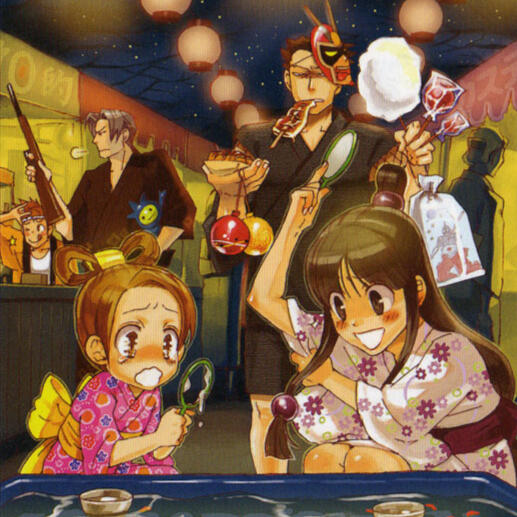 Official art of Phoenix, Maya, Pearl and Edgeworth at a festival. Maya and Pearl crouch down to look at a pool infront of them, with Pearl teary-eyed. Behind them Phoenix carries their prizes with a bemused expression. Edgeworth plays a game to the side.